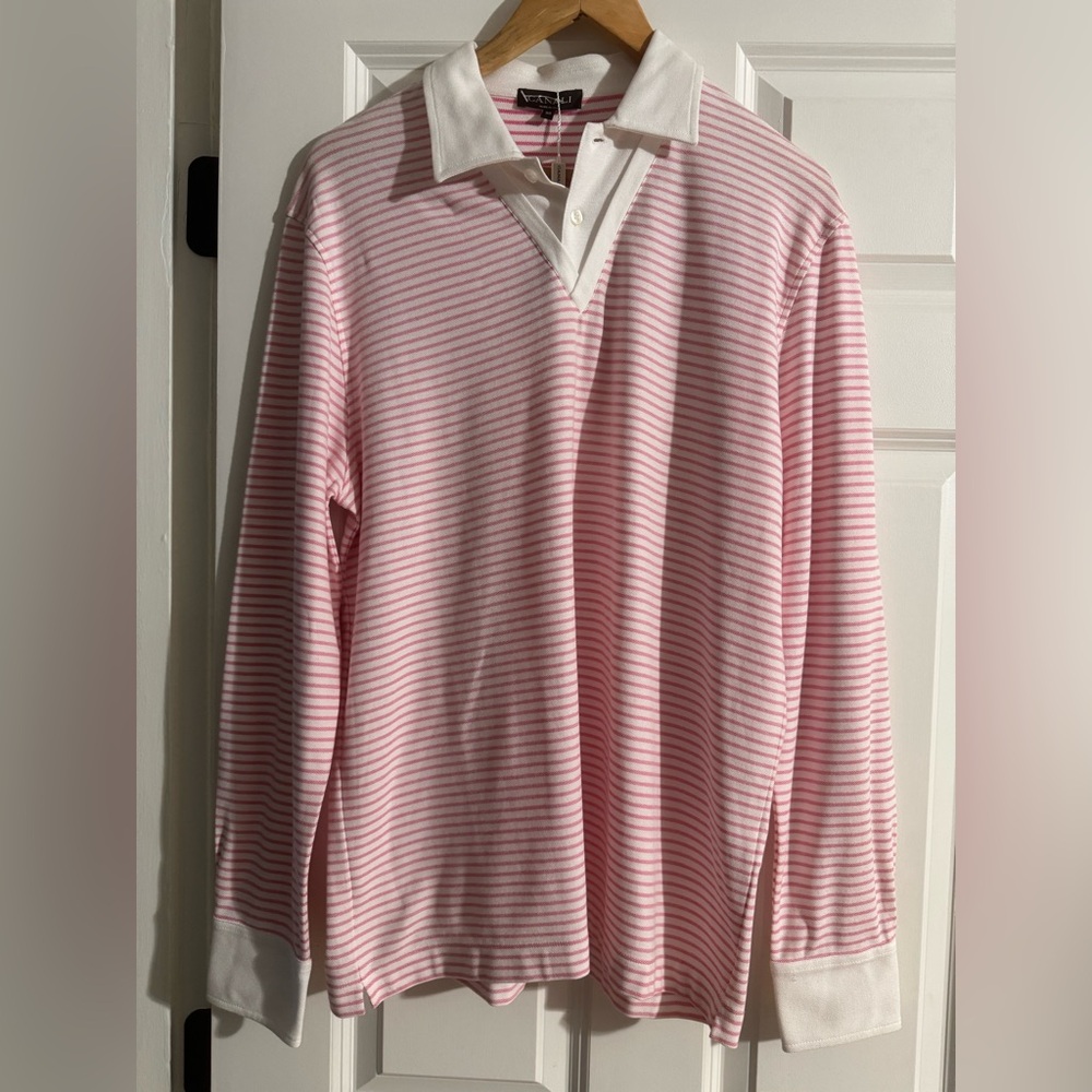 Canali Pink and White Striped Polo Shirt. Luxury Italian